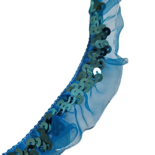 Elastisk organza bånd med paljetter 25 mm blå